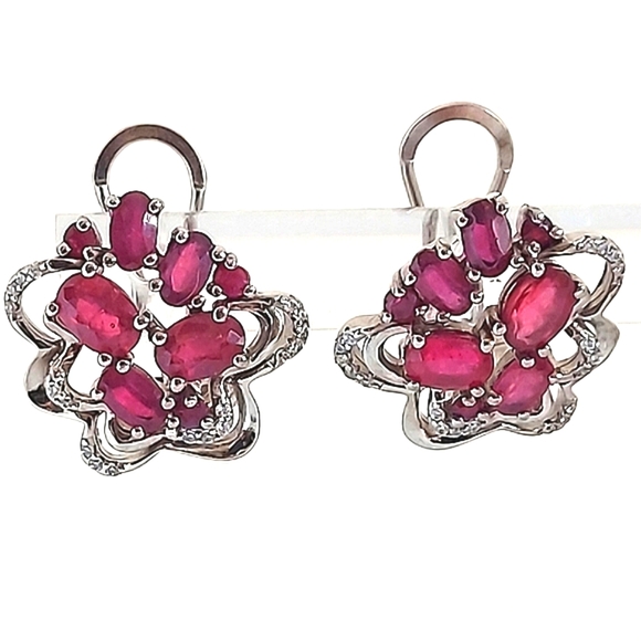 Natural Ruby 6x4mm & CZ‎ 14K White Gold on 925 Sterling Silver Earrings - Picture 2 of 5